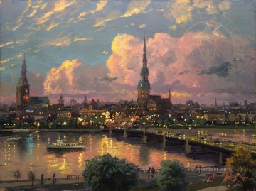 Landscapes Painting - Sunset over Riga cityscape